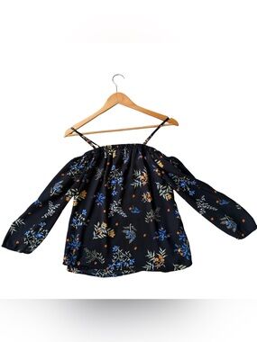 Mudd Black Floral Elastic Waist Blouse with Orange Accents